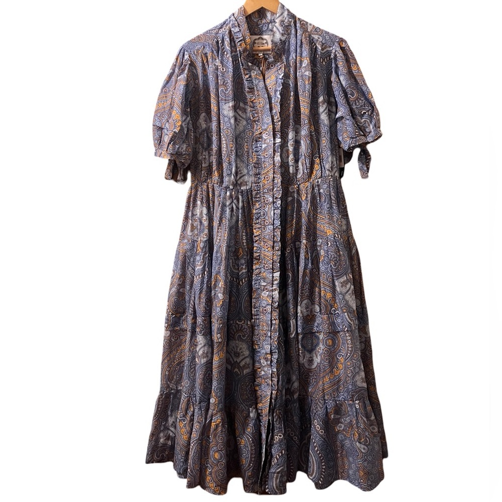 Evi Grintela Shirt Dress Oasis Paisley Ruffled Cotton Silk Midi Cottagecore Sz M - Picture 3 of 10